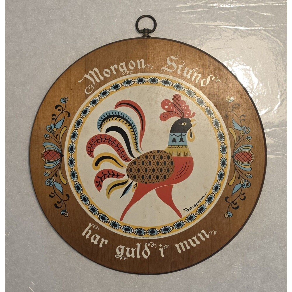 Vintage Swedish Berggren Wood Wall Plaque Morgon Stund Har Guld I Mun